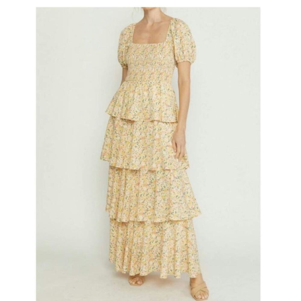 Entro Floral Maxi Dress Small Yellow Purple Cottagecore Smocked Puff Sleeve